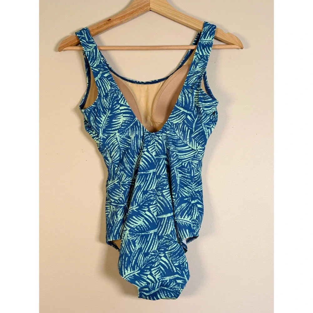 LL Bean Womens Blue Green Tropical Palm Leaf One Piece Swimsuit UPF 50+ Size 8‎